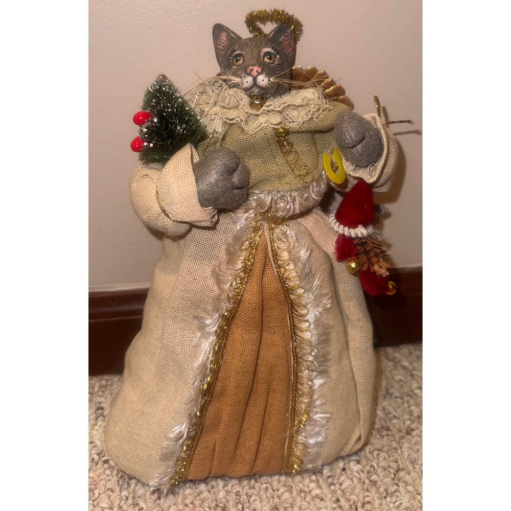 Vintage Style Cat Angel Christmas Tree Topper Burlap Gold Grey Tabby 11 Inch